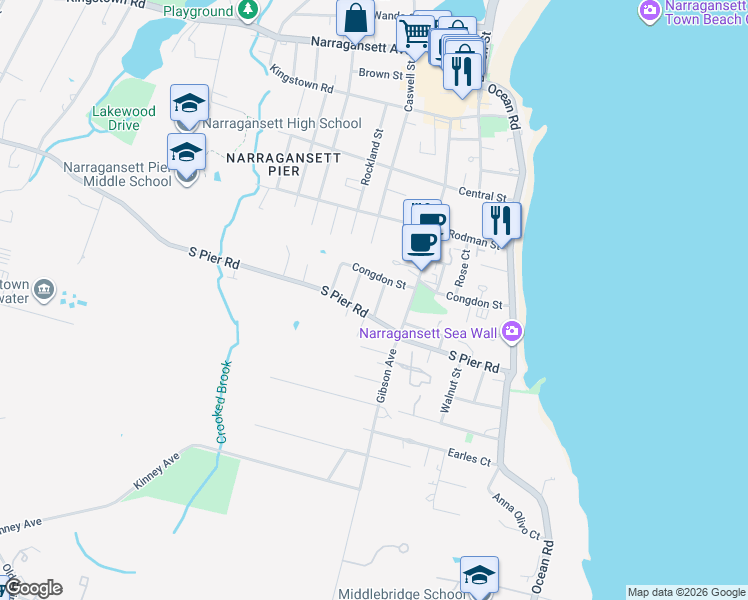 map of restaurants, bars, coffee shops, grocery stores, and more near 6 Summer Street in Narragansett