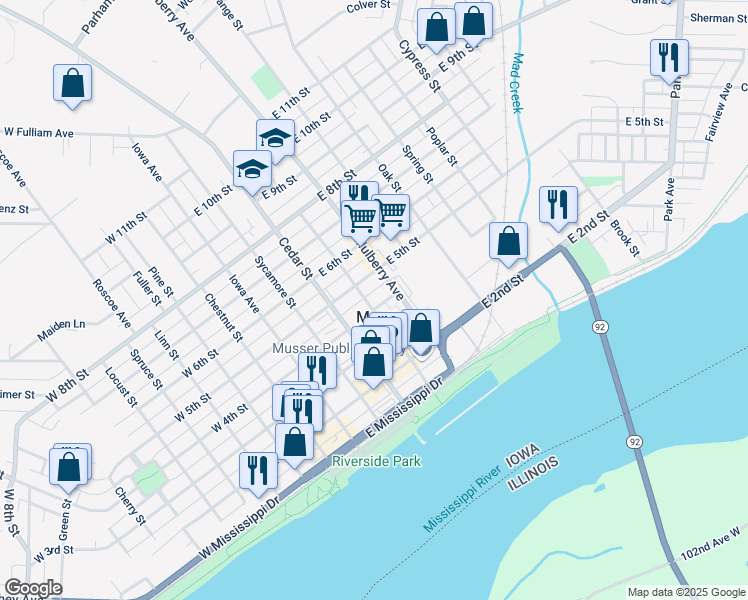 map of restaurants, bars, coffee shops, grocery stores, and more near 411 East 4th Street in Muscatine