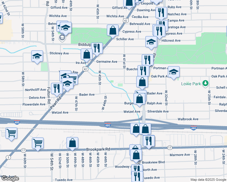 map of restaurants, bars, coffee shops, grocery stores, and more near 4002 Bader Avenue in Cleveland