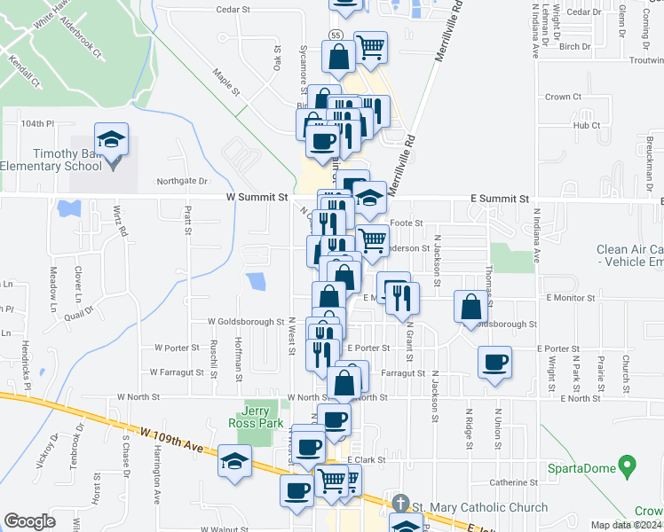 map of restaurants, bars, coffee shops, grocery stores, and more near 703 North Main Street in Crown Point