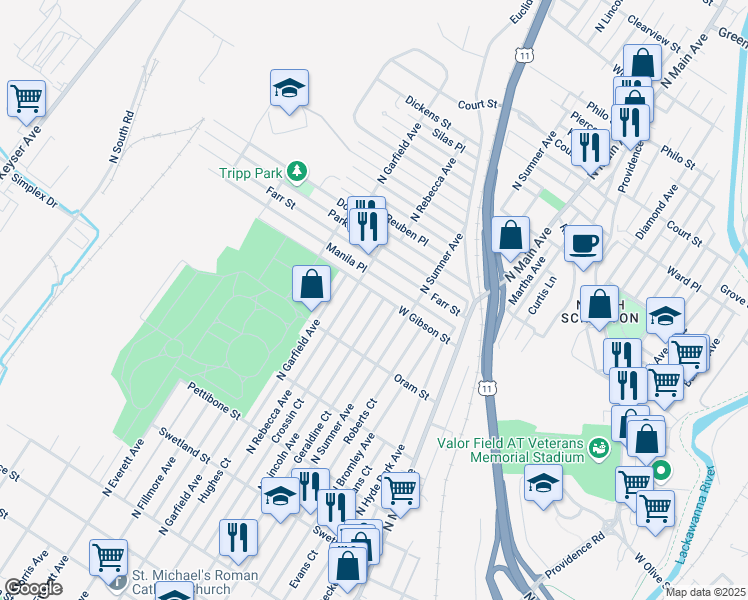 map of restaurants, bars, coffee shops, grocery stores, and more near in Scranton
