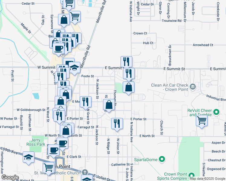 map of restaurants, bars, coffee shops, grocery stores, and more near 700-798 Thomas St in Crown Point