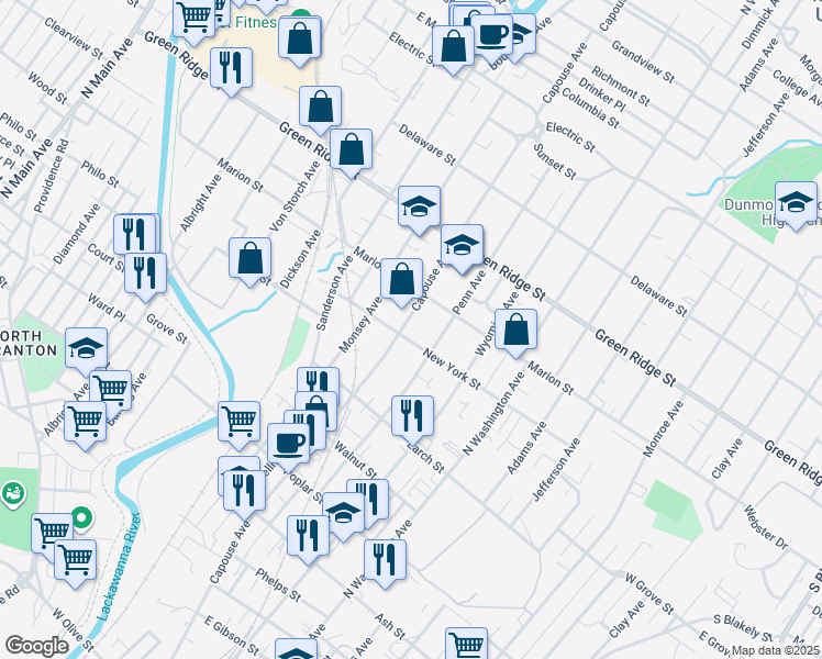 map of restaurants, bars, coffee shops, grocery stores, and more near 1415 Capouse Avenue in Scranton