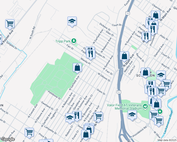 map of restaurants, bars, coffee shops, grocery stores, and more near in Scranton