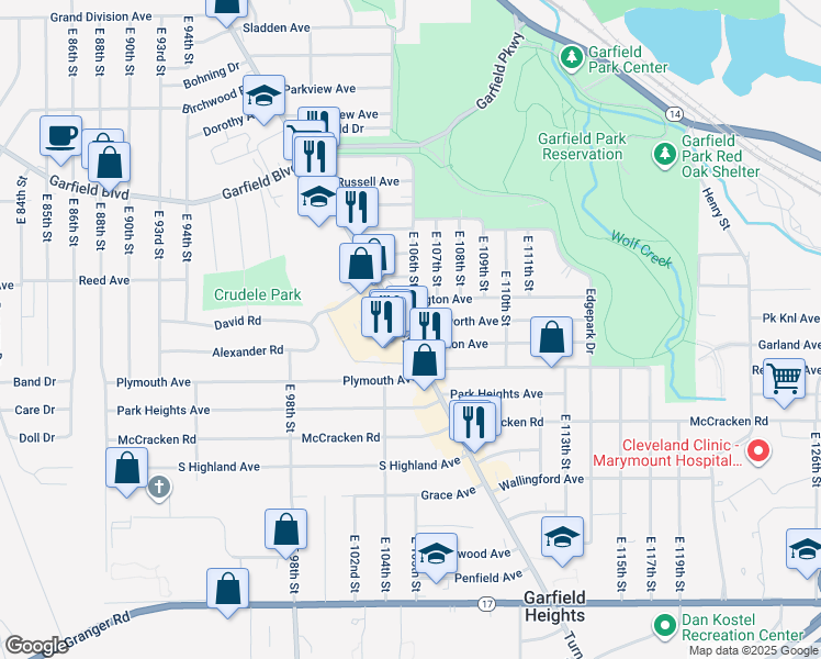 map of restaurants, bars, coffee shops, grocery stores, and more near 4975 Turney Road in Garfield Heights