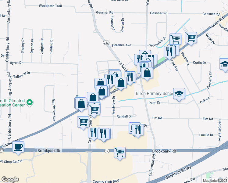 map of restaurants, bars, coffee shops, grocery stores, and more near 24950 Lorain Road in North Olmsted