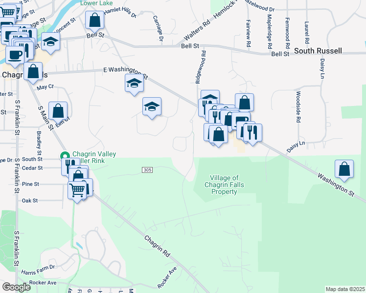 map of restaurants, bars, coffee shops, grocery stores, and more near 270 Pheasant Run Drive in Chagrin Falls