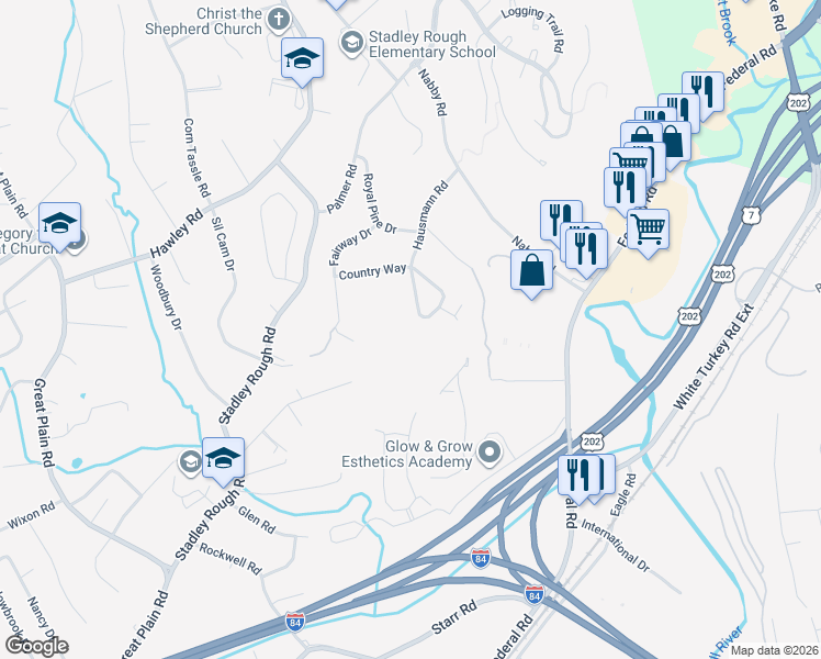 map of restaurants, bars, coffee shops, grocery stores, and more near 13 Country Ridge Road in Danbury