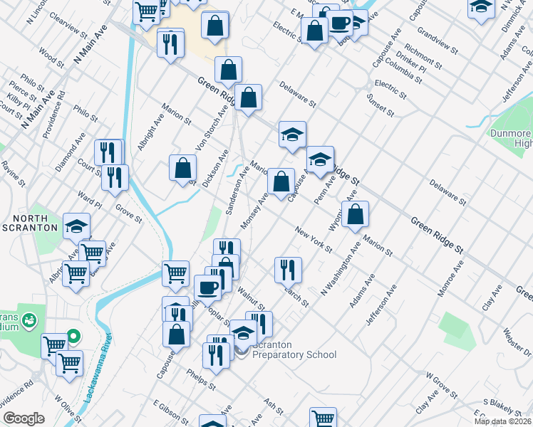 map of restaurants, bars, coffee shops, grocery stores, and more near 102 Monsey Avenue in Scranton