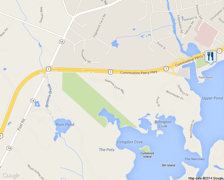 map of restaurants, bars, coffee shops, grocery stores, and more near 111 Spartina Cove Way in South Kingstown