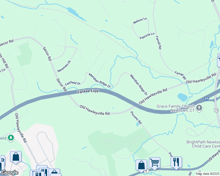 map of restaurants, bars, coffee shops, grocery stores, and more near 21 Meridian Ridge Drive in Newtown