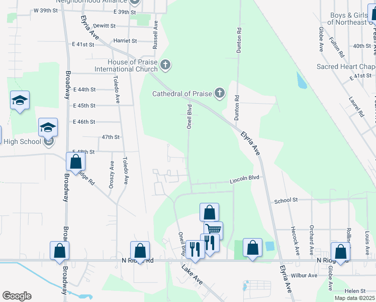map of restaurants, bars, coffee shops, grocery stores, and more near 4950 Oneil Boulevard in Lorain