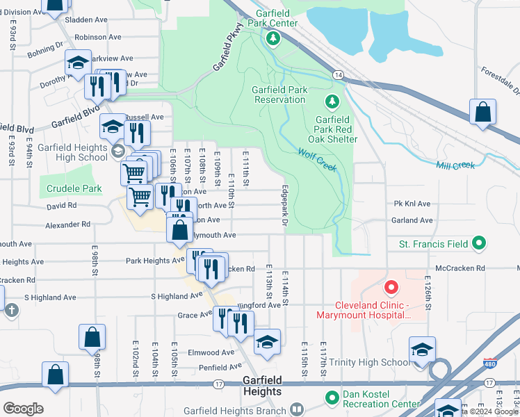 map of restaurants, bars, coffee shops, grocery stores, and more near 11119 Wadsworth Avenue in Garfield Heights