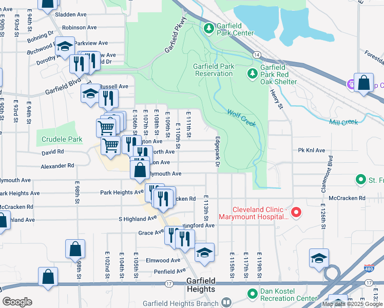 map of restaurants, bars, coffee shops, grocery stores, and more near 11119 Wadsworth Avenue in Garfield Heights