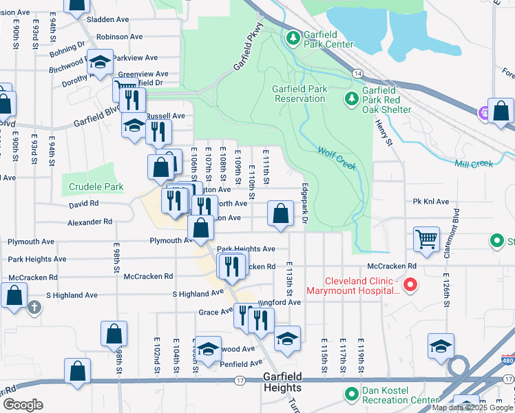 map of restaurants, bars, coffee shops, grocery stores, and more near 4975 East 110th Street in Garfield Heights