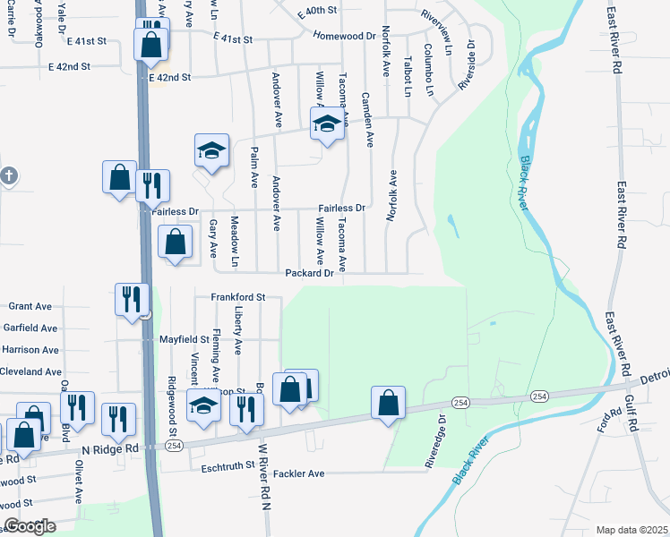 map of restaurants, bars, coffee shops, grocery stores, and more near 4726 Tacoma Avenue in Lorain