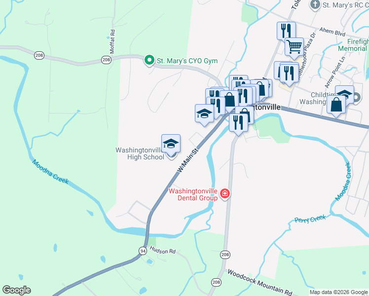 map of restaurants, bars, coffee shops, grocery stores, and more near 52 West Main Street in Washingtonville