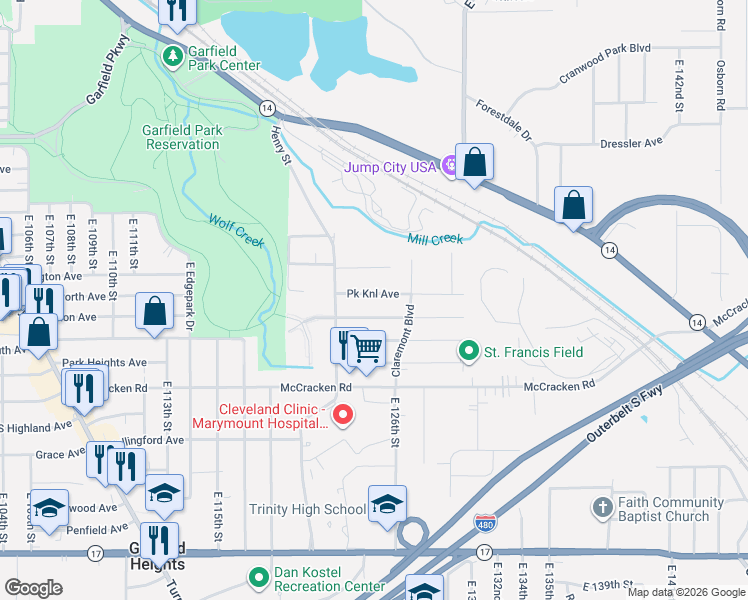 map of restaurants, bars, coffee shops, grocery stores, and more near 12403 Park Knoll Drive in Garfield Heights
