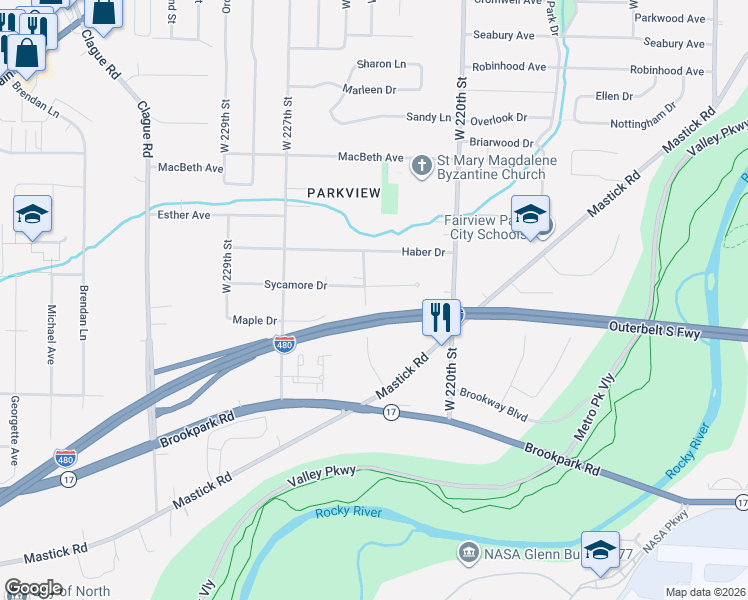 map of restaurants, bars, coffee shops, grocery stores, and more near 5720 West 224th Street in Fairview Park