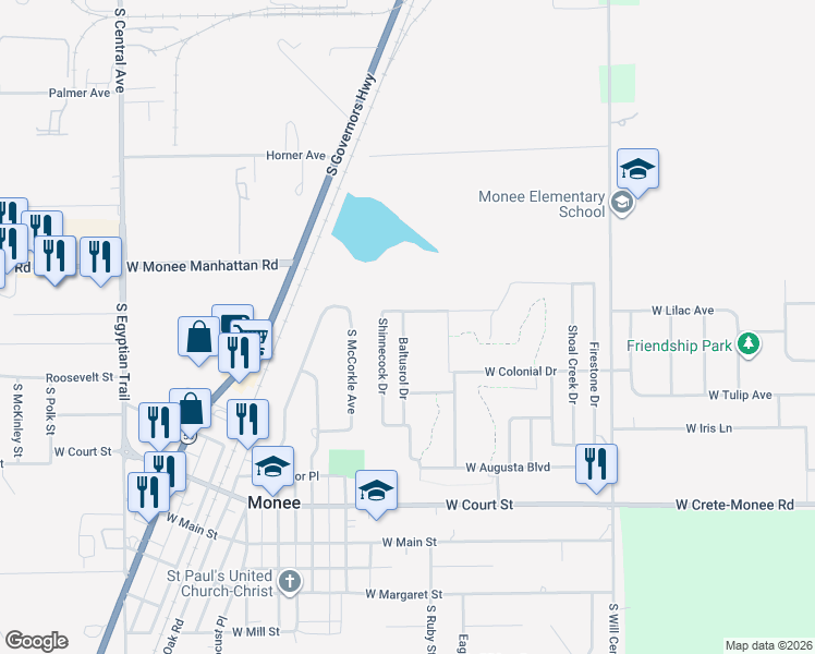 map of restaurants, bars, coffee shops, grocery stores, and more near 25549 Shinnecock Drive in Monee