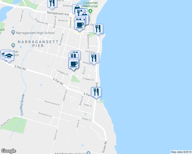 map of restaurants, bars, coffee shops, grocery stores, and more near 135 Ocean Road in Narragansett