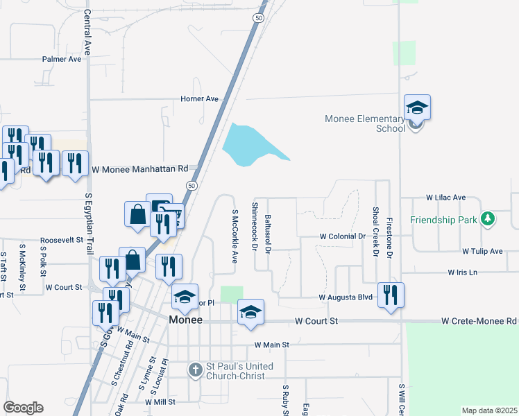 map of restaurants, bars, coffee shops, grocery stores, and more near 25549 Shinnecock Drive in Monee
