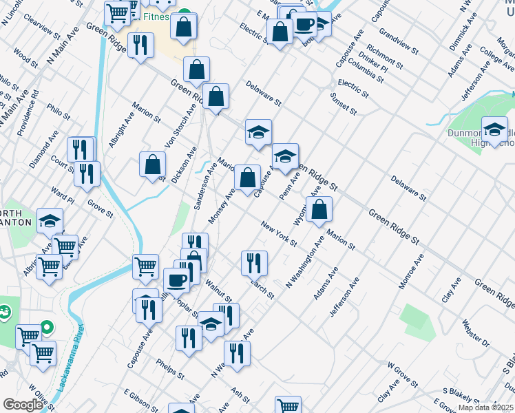 map of restaurants, bars, coffee shops, grocery stores, and more near 1415 Capouse Avenue in Scranton