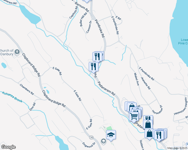 map of restaurants, bars, coffee shops, grocery stores, and more near 2 Pembroke Road in Danbury