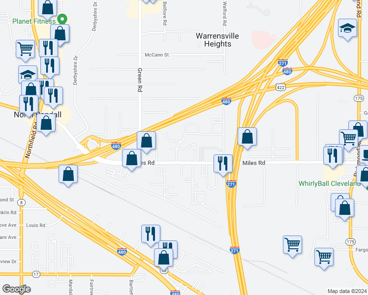 map of restaurants, bars, coffee shops, grocery stores, and more near 4935 Caroline Drive in Warrensville Heights