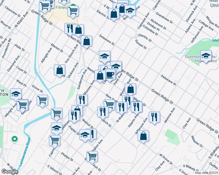 map of restaurants, bars, coffee shops, grocery stores, and more near 916 Marion Street in Scranton