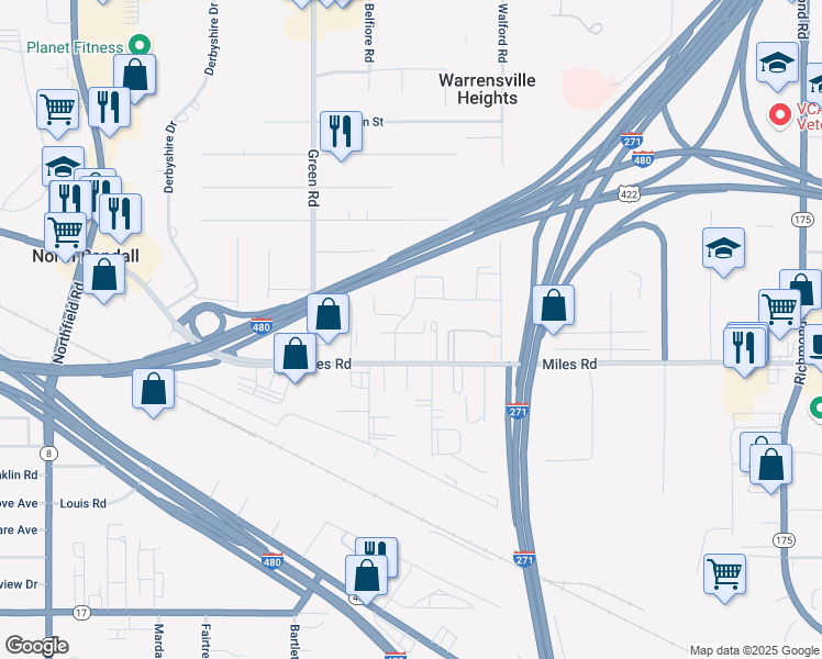 map of restaurants, bars, coffee shops, grocery stores, and more near 4957 Caroline Drive in Warrensville Heights