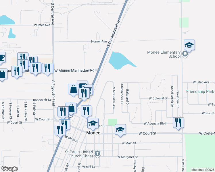 map of restaurants, bars, coffee shops, grocery stores, and more near 25601 South Linden Avenue in Monee
