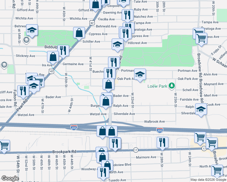 map of restaurants, bars, coffee shops, grocery stores, and more near 4733 State Road in Cleveland