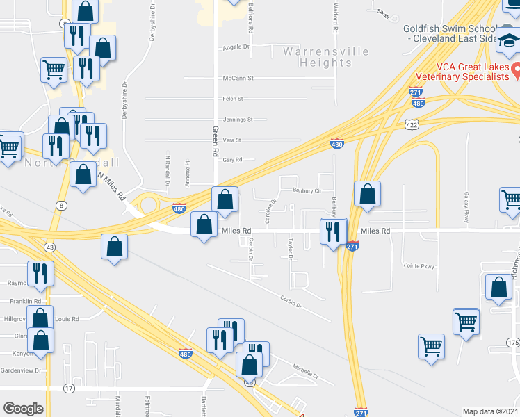 map of restaurants, bars, coffee shops, grocery stores, and more near 4958 Caroline Drive in Warrensville Heights