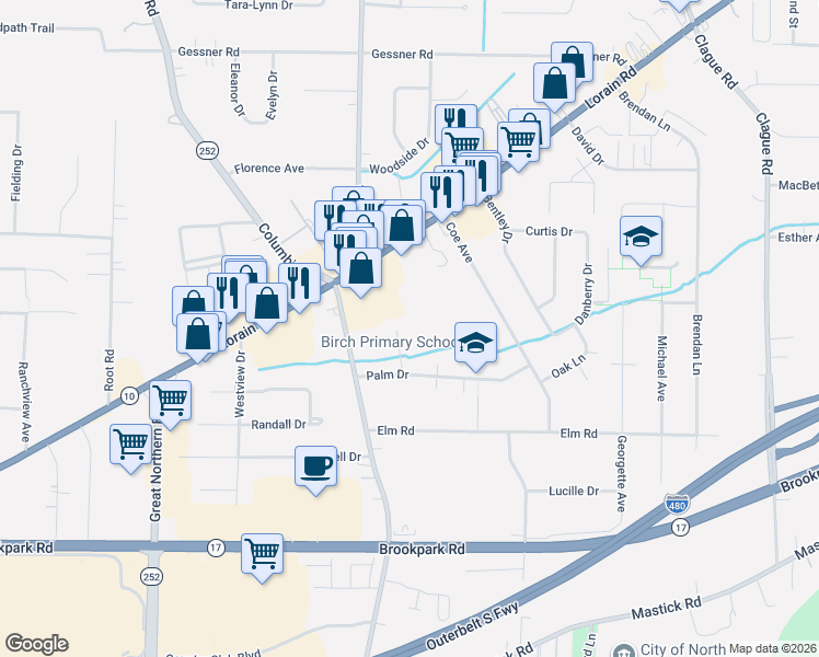 map of restaurants, bars, coffee shops, grocery stores, and more near 4411 Birch Circle in North Olmsted