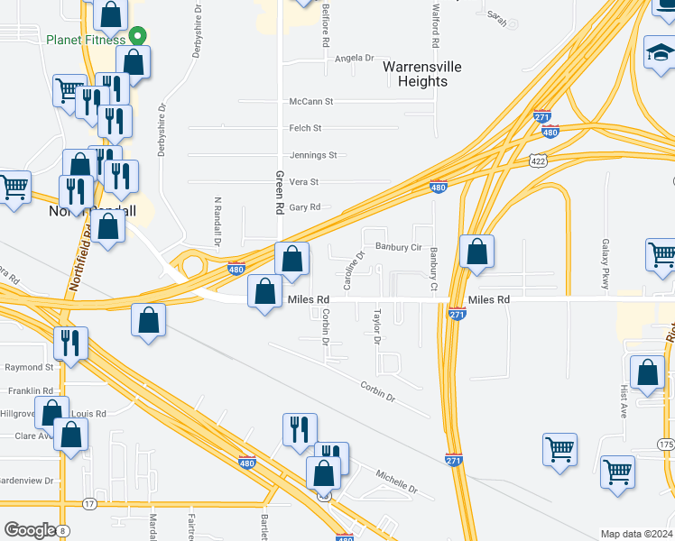 map of restaurants, bars, coffee shops, grocery stores, and more near 4958 Caroline Drive in Warrensville Heights