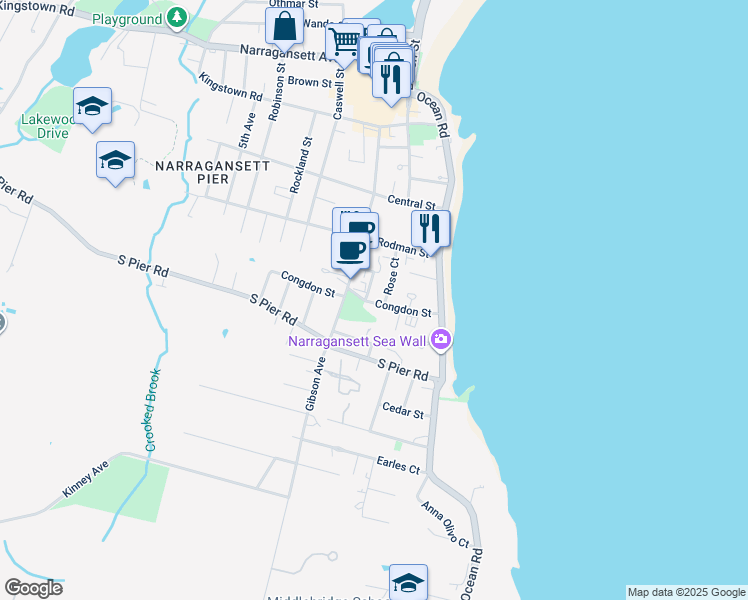 map of restaurants, bars, coffee shops, grocery stores, and more near 27 Rose Court in Narragansett