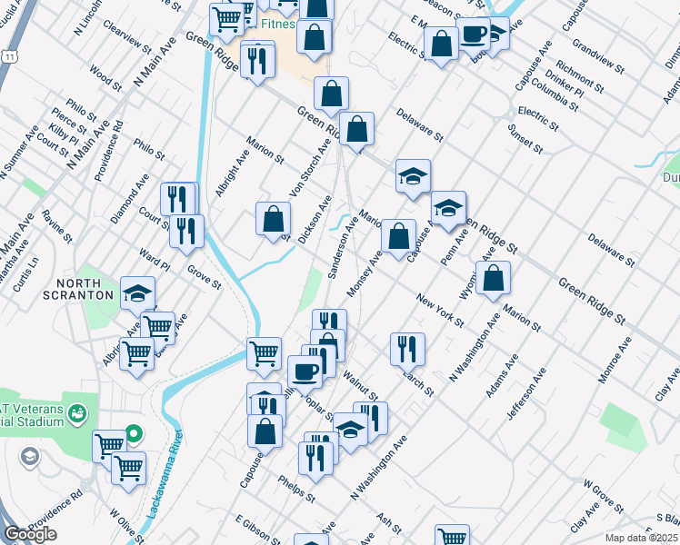 map of restaurants, bars, coffee shops, grocery stores, and more near 1346A Sanderson Avenue in Scranton