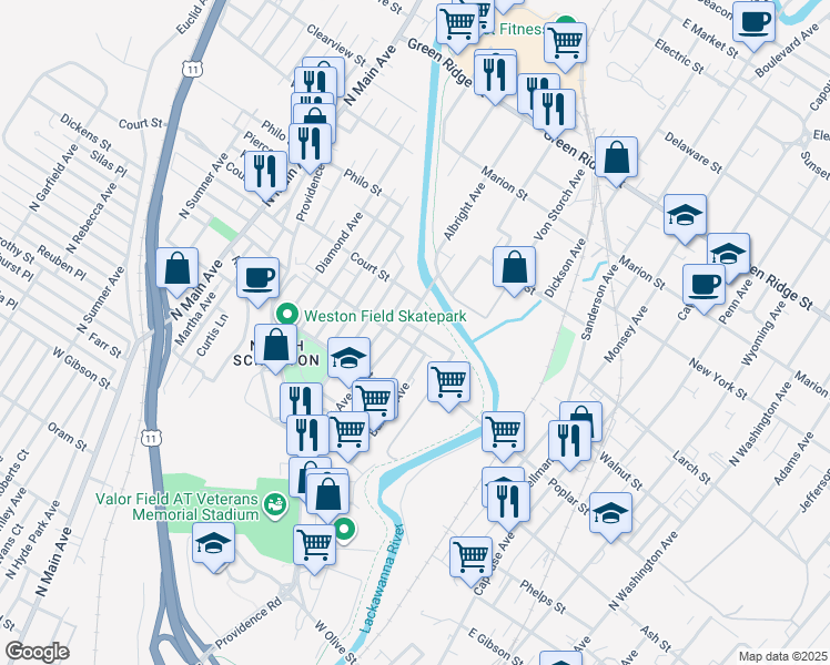 map of restaurants, bars, coffee shops, grocery stores, and more near 1109 Albright Avenue in Scranton