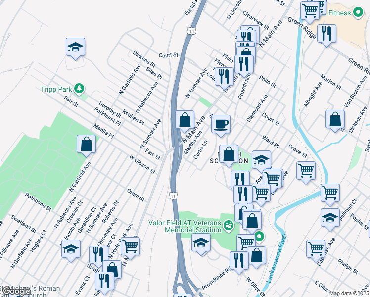 map of restaurants, bars, coffee shops, grocery stores, and more near N Main Ave in Scranton