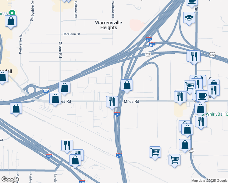 map of restaurants, bars, coffee shops, grocery stores, and more near 23980 Banbury Circle in Warrensville Heights