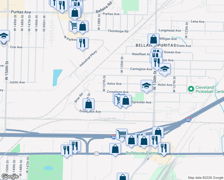 map of restaurants, bars, coffee shops, grocery stores, and more near 13512 Crossburn Avenue in Cleveland
