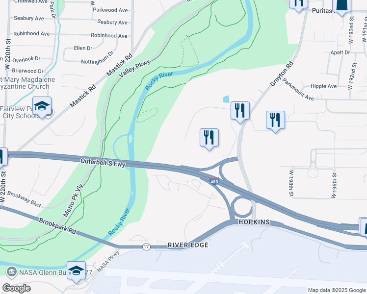 map of restaurants, bars, coffee shops, grocery stores, and more near 20829 Emerald Parkway in Cleveland