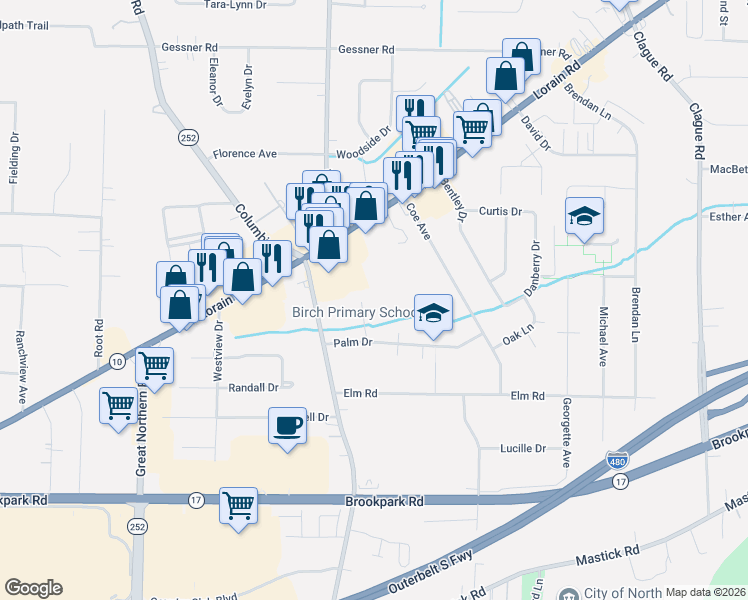 map of restaurants, bars, coffee shops, grocery stores, and more near 4411 Birch Circle in North Olmsted