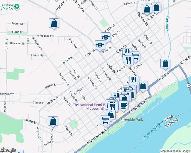 map of restaurants, bars, coffee shops, grocery stores, and more near 706 Iowa Avenue in Muscatine