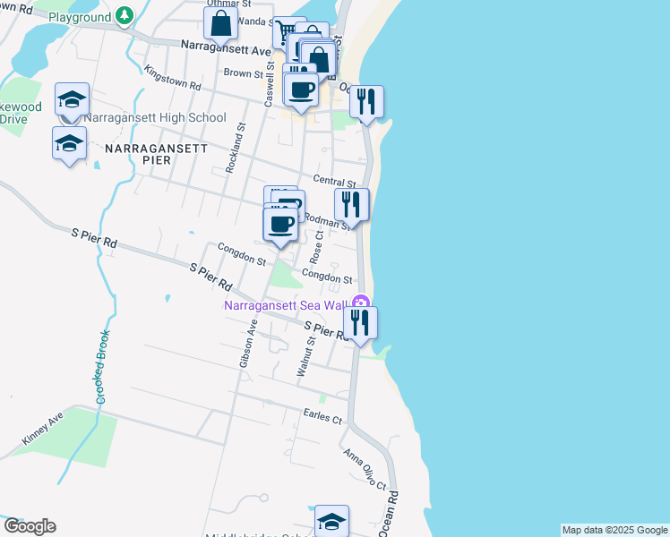 map of restaurants, bars, coffee shops, grocery stores, and more near Narragansett Court in Narragansett