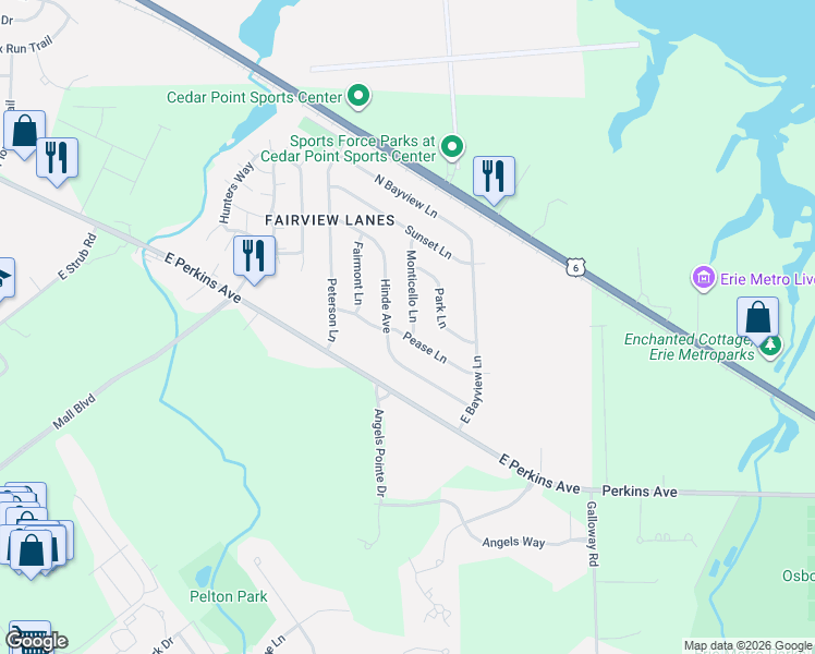 map of restaurants, bars, coffee shops, grocery stores, and more near 2821 Monticello Lane in Sandusky