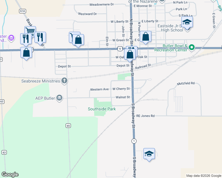 map of restaurants, bars, coffee shops, grocery stores, and more near 199 W Cherry St in Butler