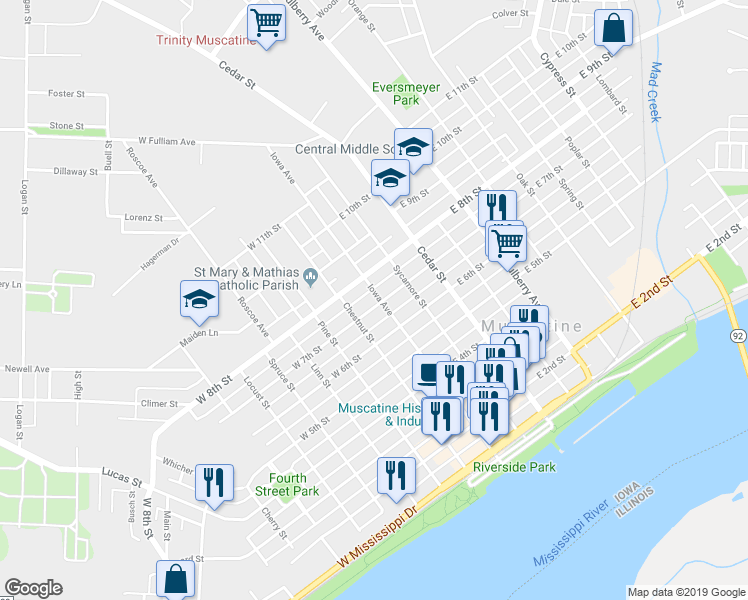 map of restaurants, bars, coffee shops, grocery stores, and more near 706 Iowa Avenue in Muscatine