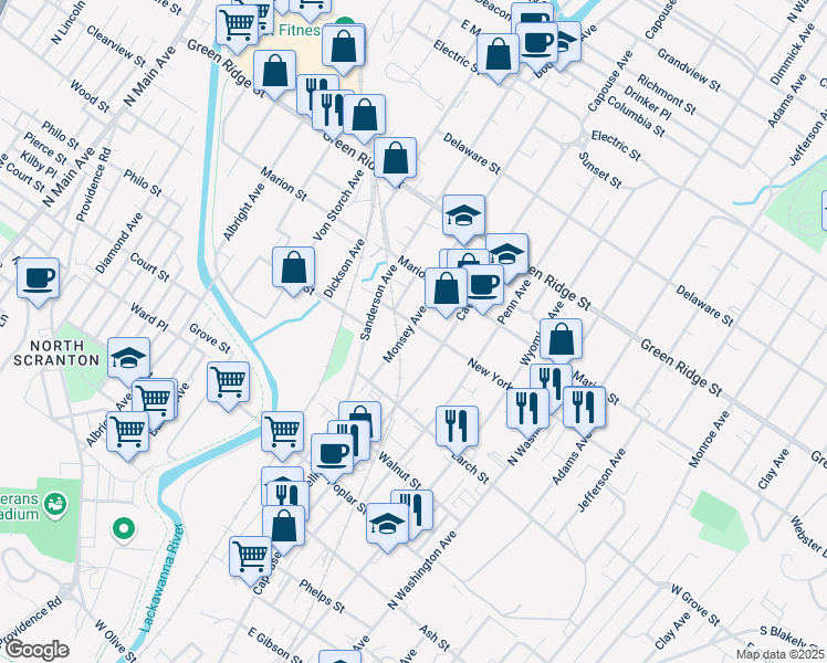 map of restaurants, bars, coffee shops, grocery stores, and more near 102 Monsey Avenue in Scranton